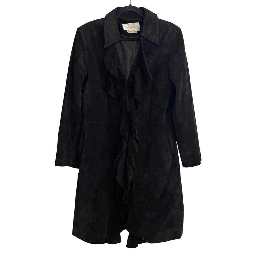 Margaret Godfrey Black Suede Ruffle Front Trench Coat Jacket Womens 14 Collared